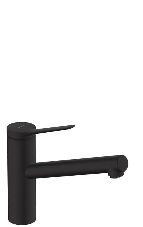 Ein schwarz mattierter Küchenmischer von Hansgrohe mit einem langen Auslauf und einem seitlichen Bedienhebel. Das Produkt hat ein minimalistisches Design und eine einfache Bedienbarkeit.